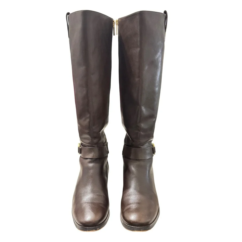 Michael Kors Brown Leather Riding Boots MK Logo Buckle Side‎ Zip Women Size 7.5M - Picture 4 of 10